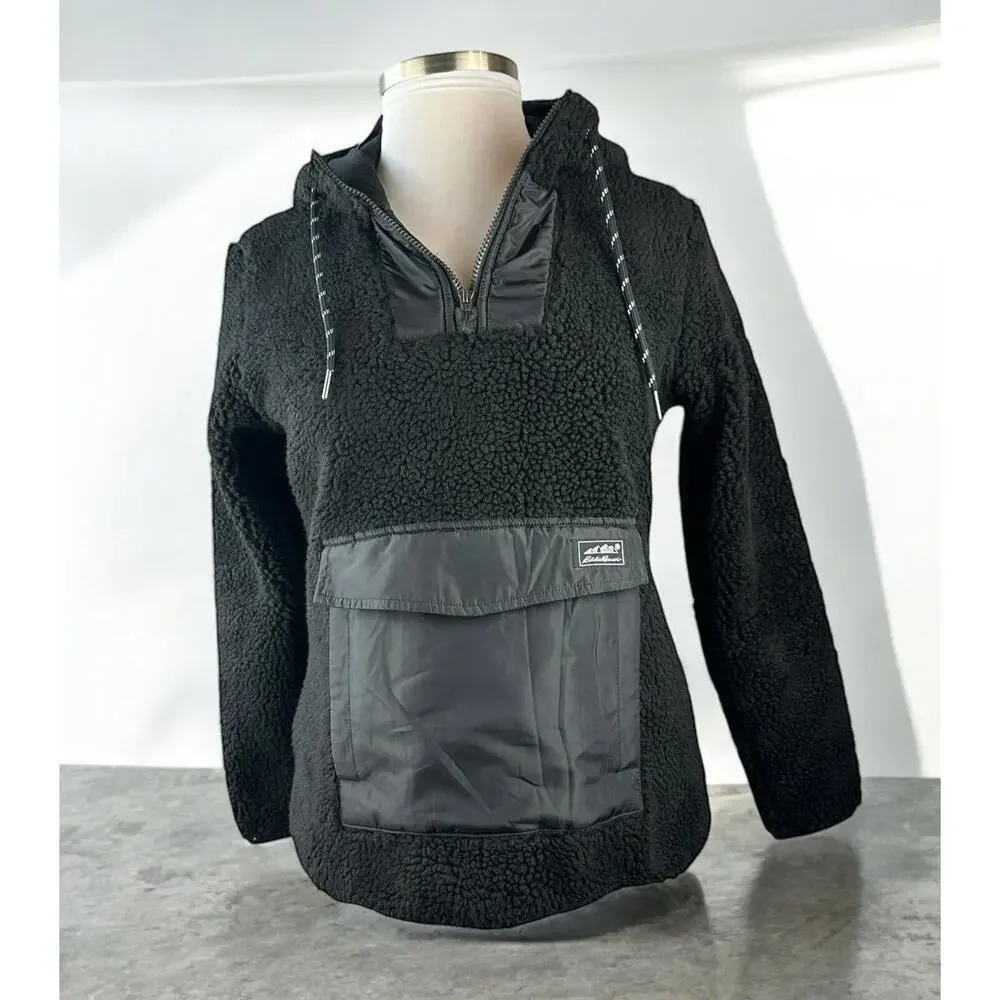 NWT Eddie Bauer Chilali Hooded Fleece Anorak Pullover Black Women's Size Small - Picture 1 of 13